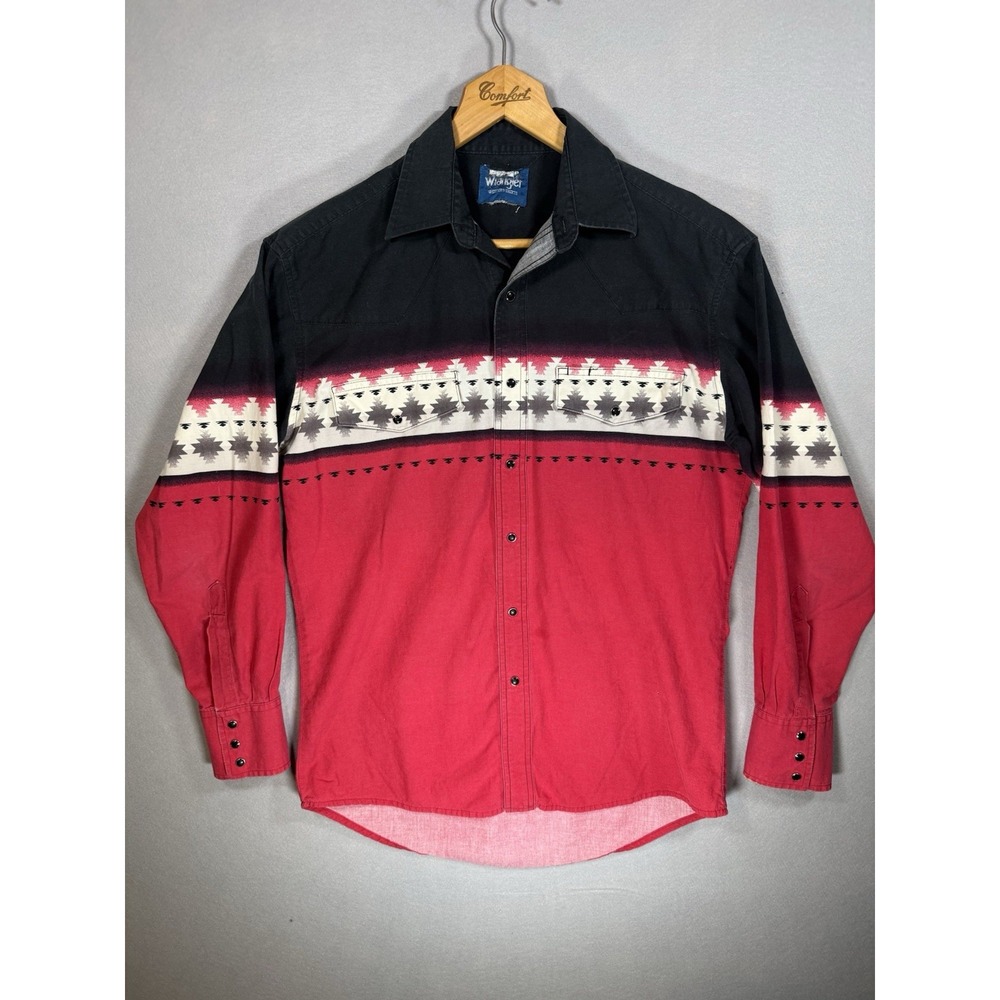 Vintage 90s Wrangler Western Shirt Red Aztec Peal Snap Button Mens L 42" Chest